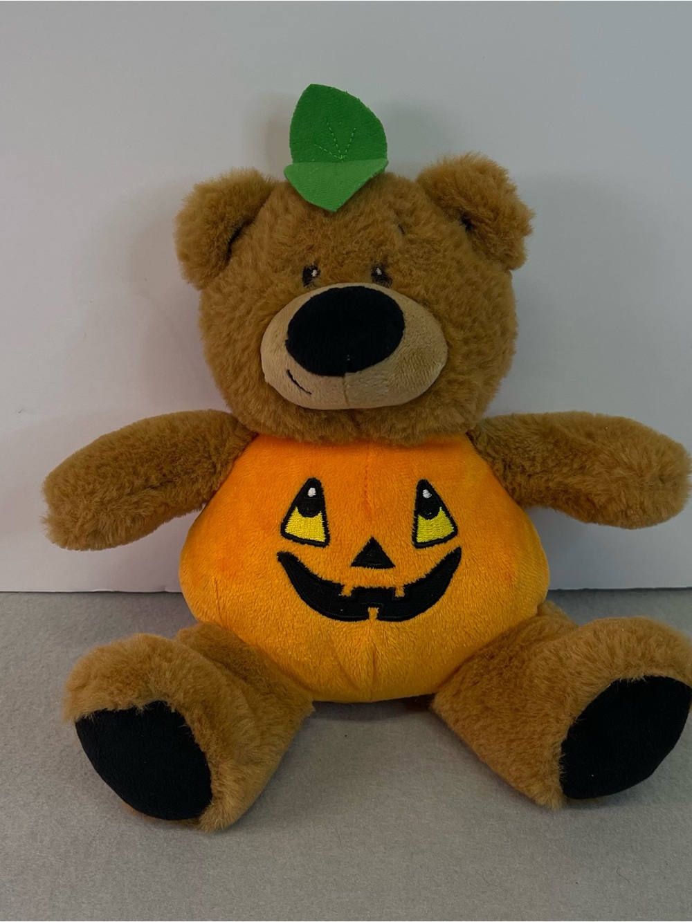 American Greetings Brown Bear Plush with Orange Pumpkin Belly and Green Leaf